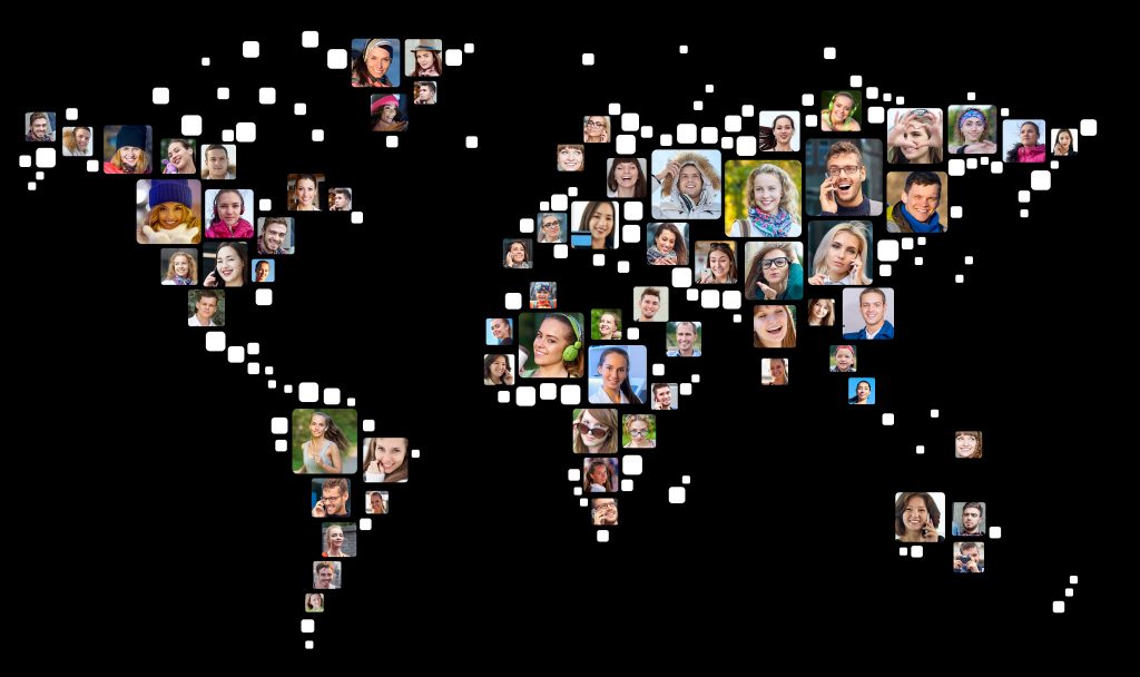 Collection of people portraits placed as world map shape. Global Business Concept